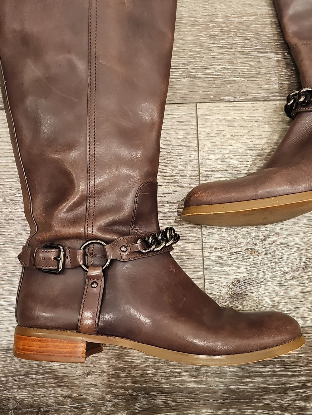 COACH Mabel Tall Brown Knee-High Riding Boots w/Chain Ankle Strap Leather Size 7